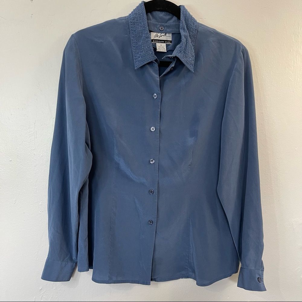 The Look Randolf Duke 100% Pure Silk Blue Beaded Long Sleeve Button Down Vintage